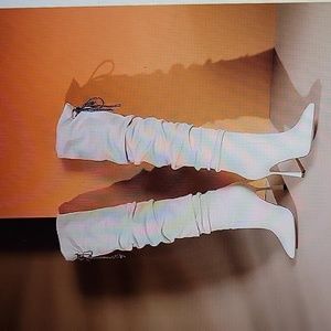 VIVIANLY cream over knee stretchy thigh high boot pointed toe stiletto sz 9 NEW…
